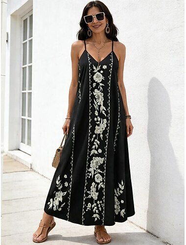  Dames Maxi-jurk Zonnejurk A lijn jurk Slipdress Vakantie Casual Strand Uitgaan Ruim Passend Grafisch Tropisch Mouwloos V-hals Zwart Wit Zomer Lente