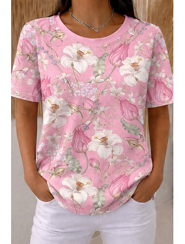  Dames Wafel T-shirt Gebreide tops met textuur Zomer tops Grafisch Geometrisch Stijlvol Klassiek Korte mouw Strakke ronde hals Ronde hals Normale tops Casual Dagelijks Blozend Roze Regenboog Zomer