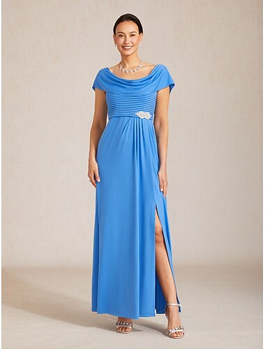  Dames Maxi-jurk A lijn jurk Elegant Avond Feest Cocktailparty Geplooid Splitsen Normale pasvorm Effen Kleur Korte mouw Col Wedgewood