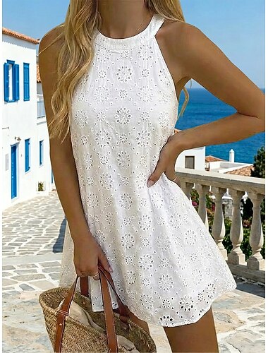  Dame Minikjole Hvit kjole Eyelet kjole Mote Moderne Strand Feriereise Ferie Normal Blomstret Ermeløs Grimehals Hvit Lysegrønn Oransje Sommer Vår