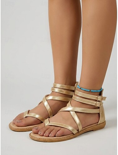  Dam Semester Ö och kryssning Platt klack Rundtå Semester Imitationsläder Dragkedja Guld
