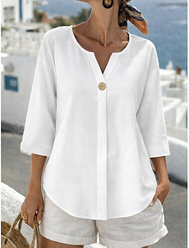  בגדי ריקוד נשים חולצות פשתן מכותנה חולצה פשתן כותנה דמוי עור כפתורים צבע אחיד יומי מסוגנן בסיסי שרוול 4\3 צווארון V חולצות רגילות יומי שחור לבן כתום קיץ אביב סתיו
