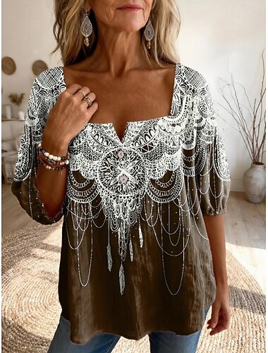  Dames Blouse Met ruches Knop Afdrukken Bloemig Grafisch Paisley Dagelijks Stijlvol Basic Halve mouw Vierkante hals Lange tops Dagelijks Licht Paars Bruin Groen Zomer Lente