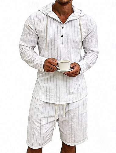  Herren Leinenhemd Zweiteilig Popover-Hemd Und Shorts Leinenshorts Strandshorts Set Vertikale Streifen Täglich Outdoor Urlaub Mit Kapuze Langarm Sommer Frühling Mode Lässig Bequem Bekleidung