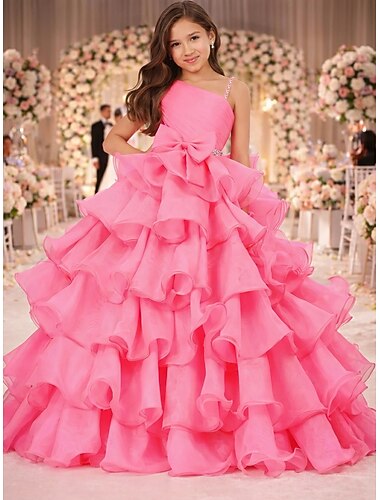  Robe de demoiselle d'honneur longueur de sol princesse robe de gala  performance pour filles robe de bal mignonne chiffon avec nœud(s) plissée à étages taille 3-16 ans robe à impressionner