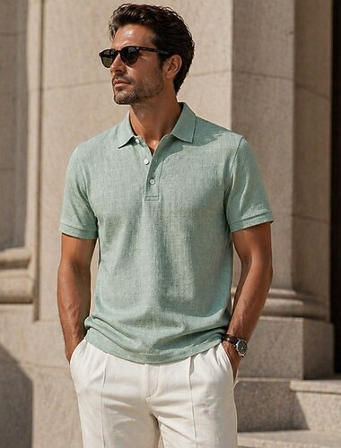  poloshirts voor heren met omgeslagen korte mouwen, effen kleur, knopen, ademend, lente &zomer lichtgroen
