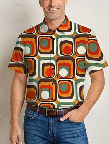  Retro / vintage Hippie 1970erne Trøye Korte ærmer Hippie Geometrisk Kontor / Business Udklædning Herre musik Festival Fest Dagligdagstøj Voksne Trøje Forår sommer