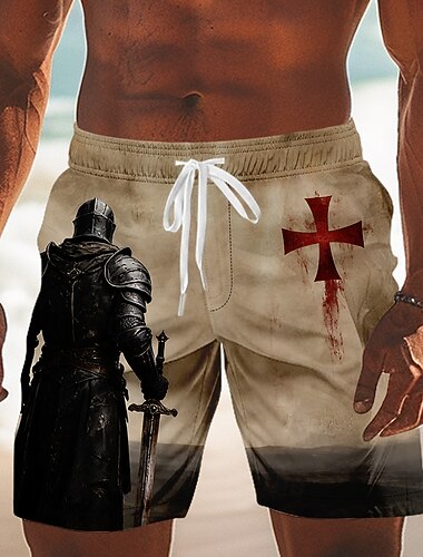  בגדי ריקוד גברים אבירים טמפלרים צלבנים צלב מכנסי שחייה בגדי ים מכנסי ים מכנסי גלישה מותן בינוני רטרו\וינטאג' בָּחוּץ חופשה לבוש ליום כיסי צד בטנת רשת מותן שרוך אלסטי מְעַצֵב ביגוד