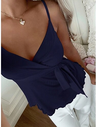  Mujer Camisa Color sólido Plano Elegante Bohemia Activo Sin Mangas Escote en Pico Tops regulares Casual Verde Hierba Negro Rosa Azul Oscuro Beige Verano Primavera