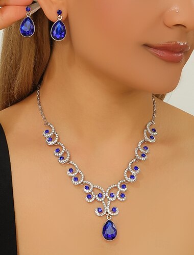  Set di Gioielli 2 Blu Zaffiri Cristallo 1 Collana Orecchini Per donna Elegante Vintage Stile Vintage Pera Parure di gioielli Per Matrimonio