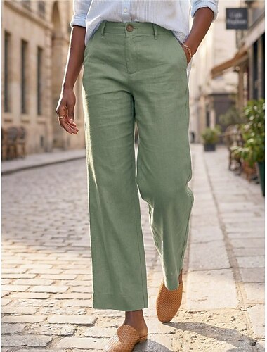  Mujer Algodón y lino Perneras anchas pantalones de traje Elegante Trabajo Largo Alta cintura Negro Blanco Verde Claro Verde Ejército Verano Primavera Otoño Invierno