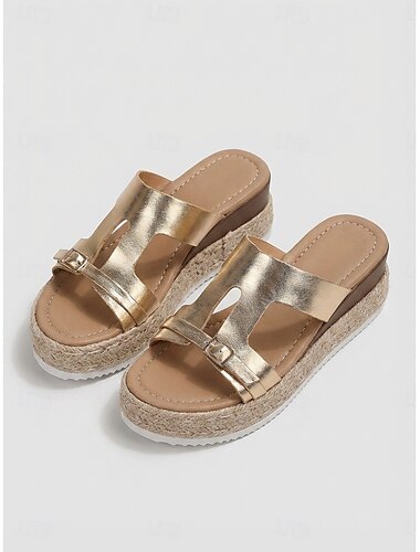  Sandales compensées espadrilles dorées pour femmes – sandales métallisées à enfiler, idéales pour la plage et les vacances d'été.