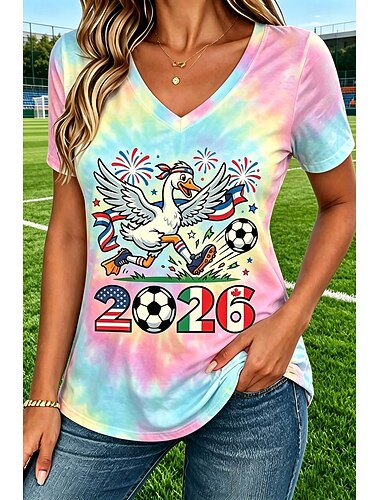  Damen T Shirt Druck Grafik Tiermotiv Fussballteam Stilvoll Klassisch Lässig Kurzarm V Ausschnitt Normale Oberteile Lässig Täglich Blau Rosa Rote Orange Sommer Frühling