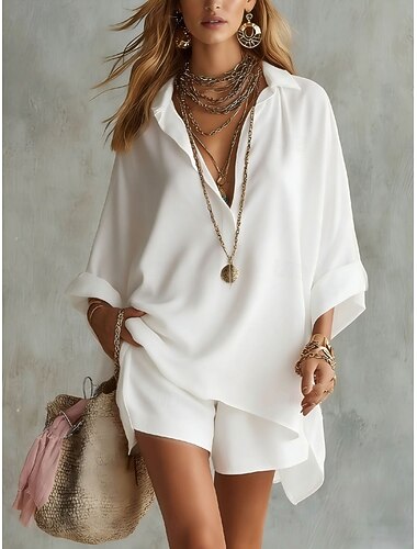  Naisten Shortsit setit Keinopuuvillainen pellava 3/4 hiha V kaula-aukko Yhtenäinen väri Muoti Katutyyli Kausaliteetti Päivittäin ulko- Sininen Musta Valkoinen Kesä Normaali