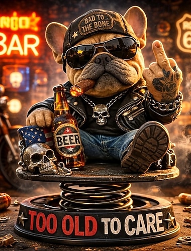  Figurine à tête branlante pour tableau de bord, bouledogue français motard en résine faite main, cadeau amusant pour papa ou vieil homme, décoration pour bureau ou voiture, objet de collection fait