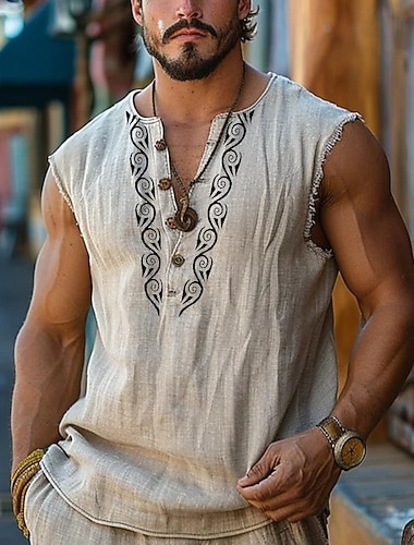  Herre Geometrisk Vest topp Ermeløs T skjorte Trykt mønster V-hals Skjorte Ferie Mote Daglig Strand Feriereise Svart Hvit Rosa Sommer Klær S M L XL XXL 3XL