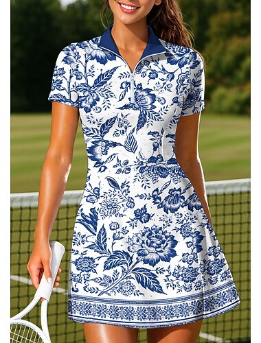  Dame Blomster Bohemsk Tenniskjole Sportskjole Kortermet Trykt mønster Pustende Volleyball Tennis Golf Polokrage Glidelåskrage Kjoler Blå og Gul Svart Rosa Tennis klær