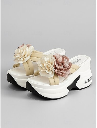  Dámské žluté květinové sandály na klínku, nazouváky na platformě s 3D květinovým dekorem, pohodlné boty na ležérní nošení s otevřenou špičkou na letní pláž, pro každodenní nošení &zahradní výlety