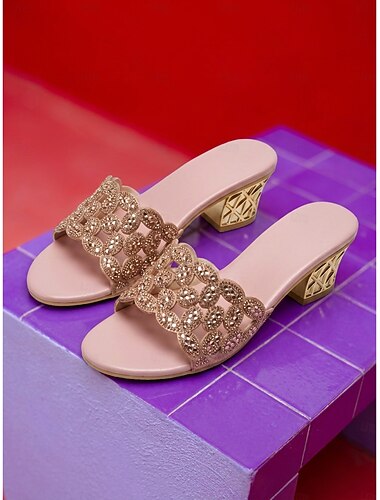  Roze slippers voor dames met strasssteentjes - elegante muiltjes met lage blokhak, geschulpte kristallen bandjes en goudkleurige geometrische uitgesneden hakken, perfect voor diners in resorts, gala-avonden en luxe cruises.