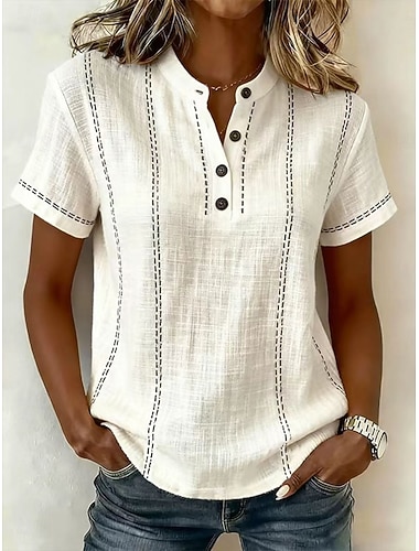  Damen T Shirt Henley Hemd T-Shirt Knöpfe Gestreift Mode Kurzarm Henley Normale Oberteile Lässig Strand Sommer Weiß Rosa Himmelblau Sommer Frühling