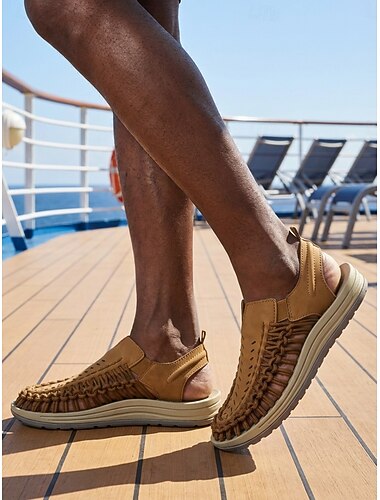 Herensandalen met slingback in bruine vissersstijl, ademende geweven casual comfortabele schoenen, lichtgewicht zomerschoenen voor mannen, eilandcruises, strandvakanties, resortreizen en outdooractiviteiten aan de kust.