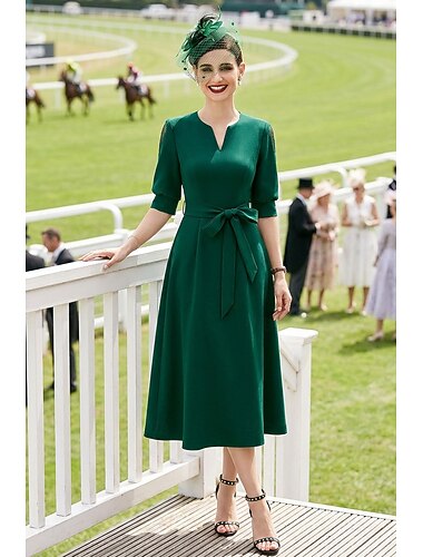  Robe de fête en A longueur de thé robe cocktail robe invité au mariage robe mère de la mariée manches ¾ décolleté en V élégante vintage fête avec plis