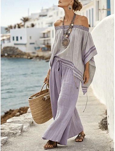  Mulheres Conjuntos de duas peças Conjuntos de calças Linho de algodão sintético Meia Manga Ombro a Ombro Listrado Vintage Moda Roupa de rua Casual Diário Ao ar livre Roxo Cáqui Verão Ajuste Largo