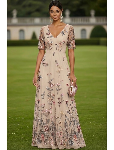  A-linje Kjoler Gulvlengde Maxikjole Festkjole Cocktail Kjole Kjole til brudens mor Kortermet V-hals Elegant Årgang Luksuriøs Formell Bryllupsgjest Kentucky Derby Chiffon Tyll med Blomstertrykk