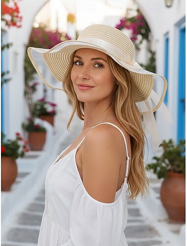  女性用ボヘミアン風麦わら帽子、マルチカラーの折りたたみ式つば広ビーチハット、波状の縁とリボン付き、バケーション旅行、リゾートスタイル、普段使いに最適