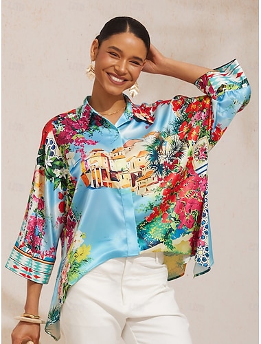  Mallorca Blossom Seidensatin-Top mit Dolmanärmeln, Top aus seidigem Satin