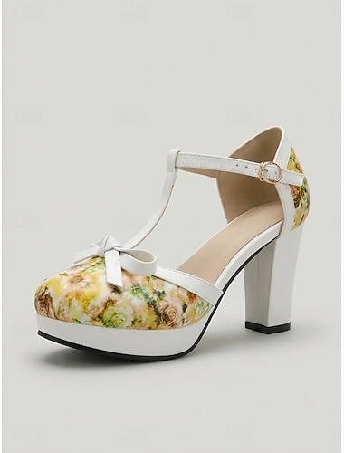  damesko med blomstrete t-stropper og platåhæler, rund tå med sløyfedetaljer, til hagefester og bryllupsgjester &utendørsarrangementer
