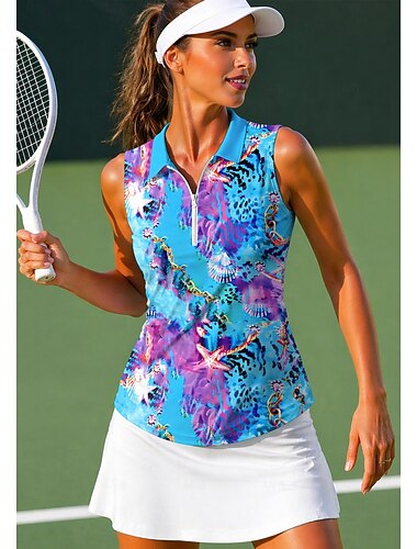  Damen Abstrakt Oberteile Sporthemd Golf-Poloshirt Tennis Shirt Ärmellos Reißverschluss Blumen UPF50+ UV-beständig Hohe Elastizität Feuchtigkeitsableitend Atmungsaktiv Tennis Golfspiel Pickleball