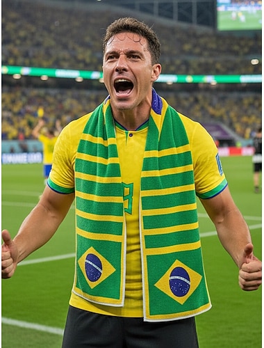  Lenço toalha masculino de poliéster com estampa da bandeira do Brasil, macio e confortável, ideal para torcedores de futebol, para apoiar o time, assistir a jogos, eventos no estádio e para uso casual no dia a dia.