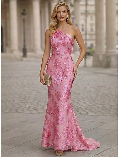  Mořská panna Dlouhá vlečka Večerní šaty Elegantní Pastel Bez rukávů Jedno rameno Večerní oslava Svatební Organza Žakár s Barevné bloky