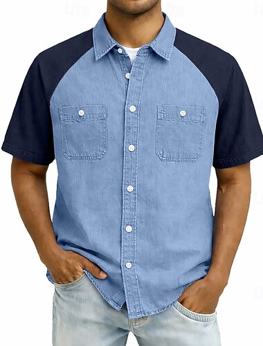  Per uomo Camicia Camicia casual Camicia con Bottoni Camicia 100% cotone lavaggio acido Blu Viola Verde Kaki Grigio Manica Corta Semplice Colletto a Camicia Casuale Quotidiano Patchwork Abbigliamento