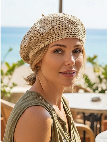  női bohém, lélegző, üreges poliészter barett, többszínű, könnyű nyári sapka, tökéletes tengerparti nyaraláshoz, hétköznapi viselethez és utazási kiegészítőknek