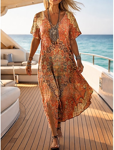  Damen Maxikleid Sommerkleid T-Shirt-Kleid A Linie Kleid Urlaub Lässig Strand Ausgehen Lässiger Schnitt Blumen Grafik Stammes Kurzarm V Ausschnitt Rosa Purpur Orange Sommer Frühling
