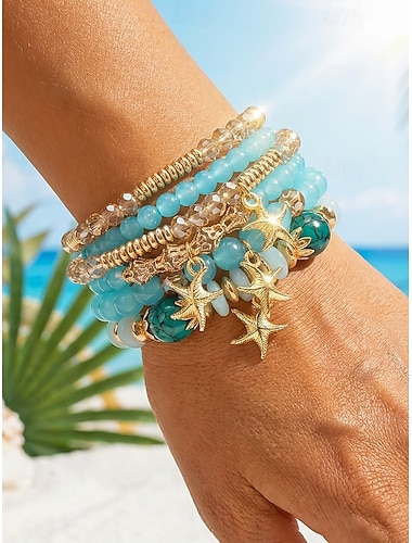  Dámský boho náramek s přívěsky a korálky ve tvaru hvězdice, vícebarevné vrstvené elastické náramky pro dovolenou na pláži, letní resort a každodenní nošení