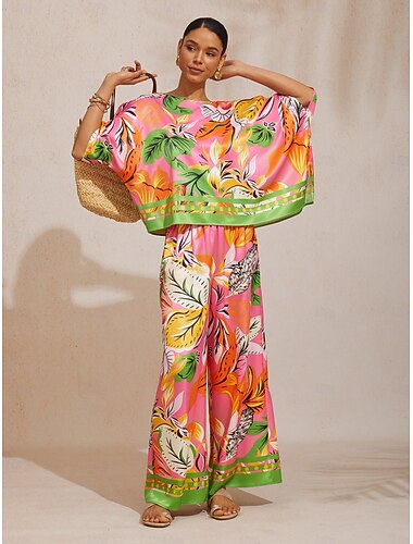  Blusa de cetim sedoso com mangas dolmã estampada com hibisco selvagem