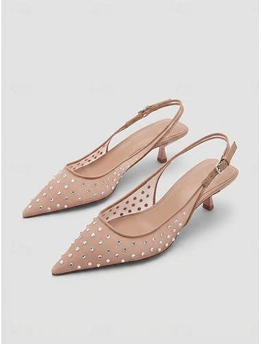  Escarpins nude à strass, talon chaton et bride arrière, bout pointu, élégants, parfaits pour une invitée à un mariage ou une cérémonie en plein air. &événements formels