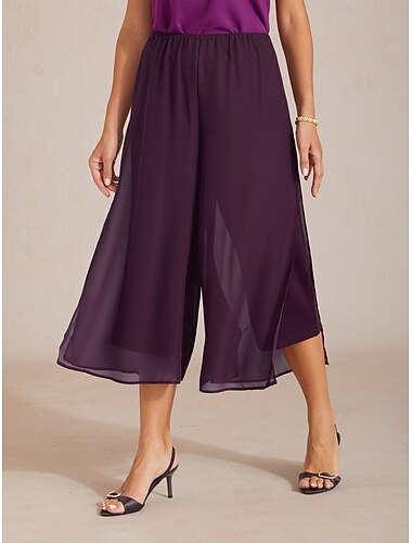  女性用 ワイドレッグ ストレートパンツ エレガント 足首丈 ミディアムウエスト 弾性ウエストバンド 伸縮性あり カジュアル 日常 祝日 ナス色 夏 春 秋