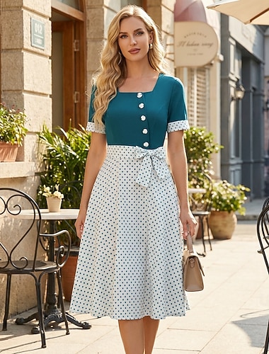  1950-tallet Rockabilly Middag Kjoler Korte ermer Sløyfe Polkadotter Firkantet hals Kostyme Dame Avslappet Hverdag Te Fest Voksne Kjole Vår sommer