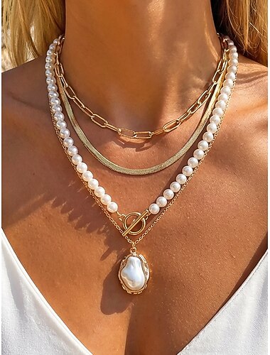  Ensemble de collier bohème pour femme, composé de quatre rangs de perles d'imitation, en alliage d'or et d'argent, avec pendentif en perles et chaînes superposées. Idéal pour les vacances à la plage,