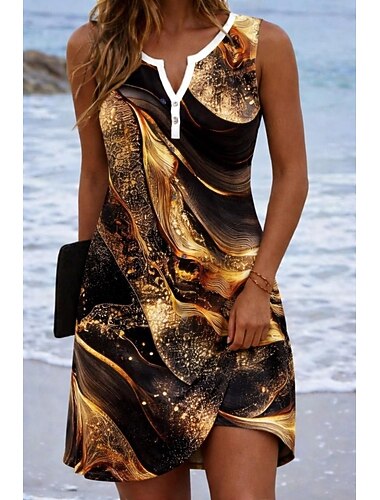  Dame Mini kjole Sommerkjole Ferie Afslappet Daglig Strand Ferie Regulær Grafisk Batikfarvet Abstrakt Uden ærmer V-hals Blå Sort Orange Sommer Forår