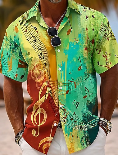  Herren Bunt Musiknoten Hemd Knopfhemd Kurzarm Vintage-Retro Täglich Musikfestival Frühling Herbst Umlegekragen 3D-Druck Hemden mit Kragen Blau Purpur Grün