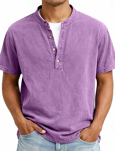  Per uomo Camicia Camicia popover Camicia casual Camicia 100% cotone lavaggio acido Nero Verde chiaro Blu marino Viola Verde militare Manica Corta Semplice Colletto alla coreana Casuale Quotidiano