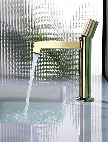  Grifo de baño de latón macizo color oro, grifo monomando de un solo orificio para lavabo montado sobre encimera, grifo clásico de agua fría y caliente con acabado galvanizado para lavabo de baño.