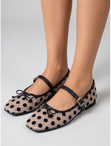  Vintage Mary Jane ballerina's met stippen voor dames - elegante mesh ballerina's met strikdetail, perfect voor eilandvakanties, brunches aan het strand en zomeravonden in resorts.