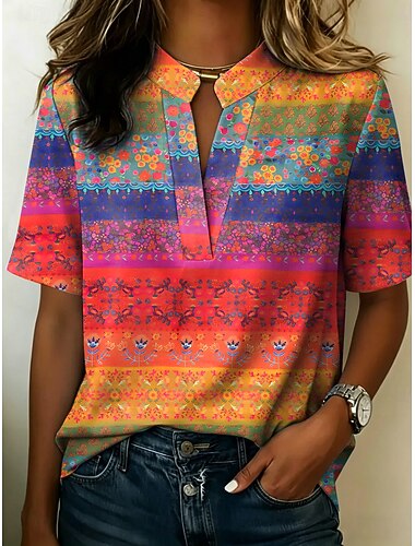  בגדי ריקוד נשים חולצה כפתורים דפוס גראפי גיאומטרי וינטאג' מסוגנן מודרני חצי שרוול עומד חולצות רגילות קזו'אל יומי פול צהוב סגול כתום קיץ אביב