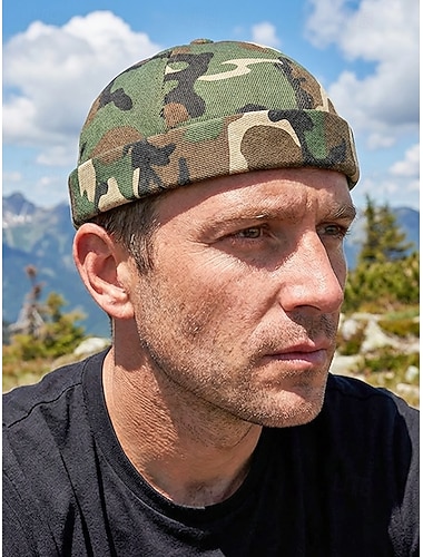  Herenpet in bohemian camouflagestijl, gemaakt van polyester, verstelbare pasvorm, geschikt voor buitensporten, wandelen, vissen en dagelijks gebruik.